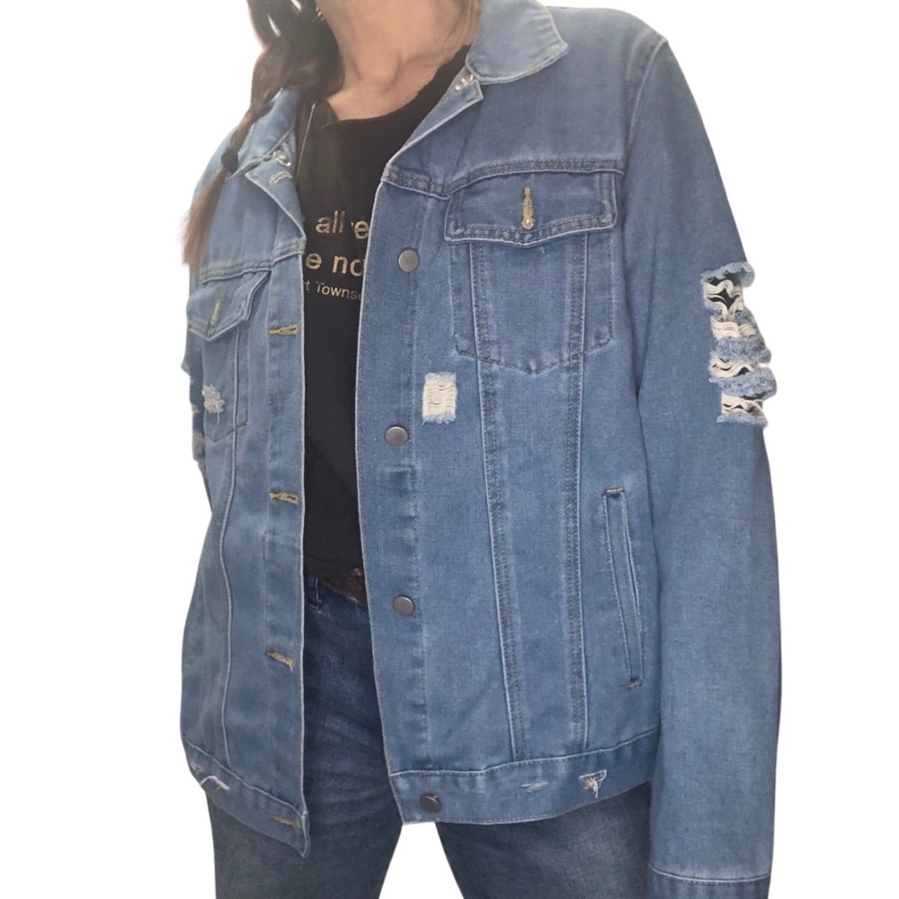 Shein Distressed Denim Jacket Women Large Lightwash Casual Grunge Boho Rocker